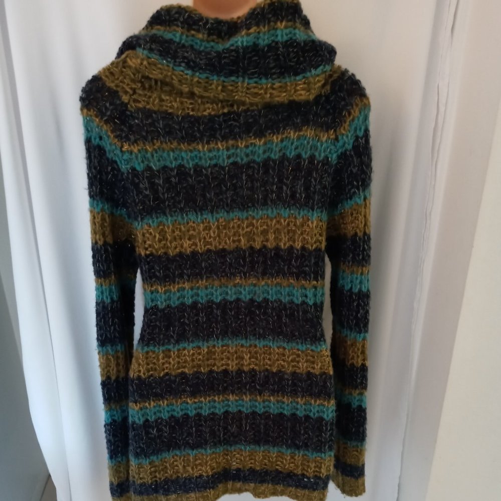 Gorgeous Cowl Neck Open Knit Chunky Sweater Turquoise Blue & Green W Gold Flecks - Picture 7 of 12